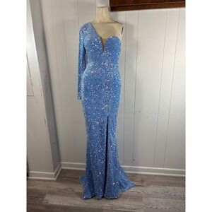 Love & Lemonade Light Blue Sequin One Shoulder Long Sleeve Formal Gown Sz L NEW